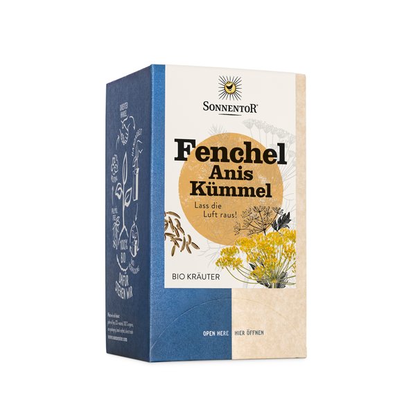 Foto einer Packung Fechel Anis Kümmel Tee. Auf der Packung ist eine Abbildung von Kümmel, einer Fenchel und Anis Pflanze.