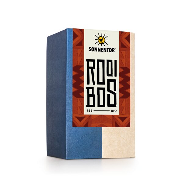 Foto einer Packung Rooibos Tee. Auf der Packung ist eine Illustration mit einem braunen Muster als Hintergrund und der Aufschrift Rooibos.