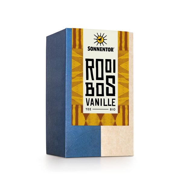 Photo of a pack of Rooibos Vanilla Tea. On the package is an illustration with a yellow pattern as background and the inscription Rooibos Vanilla.