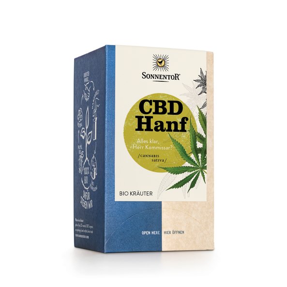 Photo of a pack hemp-CBD tea. There is a picture of hemp leaves on the package.