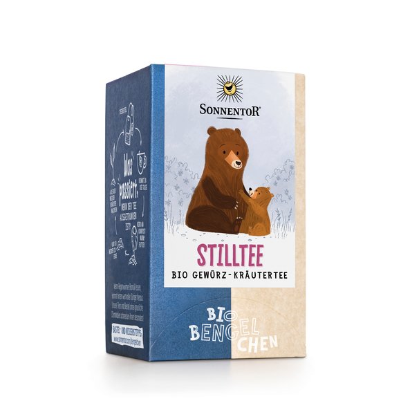 Photo of a pack Breastfeeding Tea Organic Spice Herbal Tea Blend. On the package is a picture of a bear mother with her bear cub sitting on the ground in the forest.