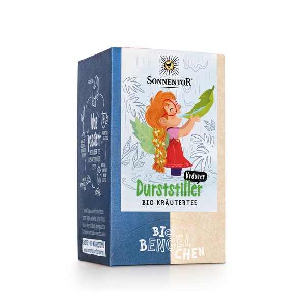 Photo of a pack Thirst Quencher Herbs Tea Organic Herbal Tea Blend. On the package is a picture of Bio-Bengelchen Constance drinking from a large leaf.