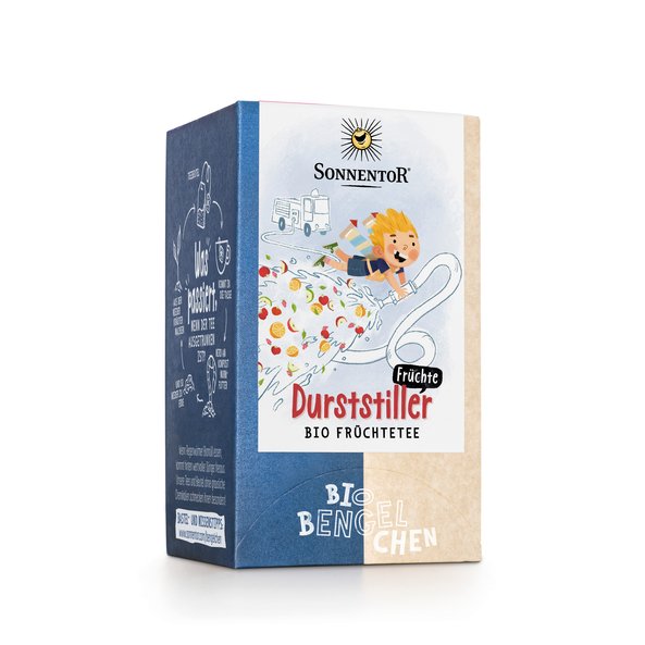 Photo of a pack Thirst Quencher Fruits Tea Organic Fruit Tea Blend. On the package is a picture of a fire truck and Bio-Bengelchen Leander holding a water hose from which water and fruits come out.