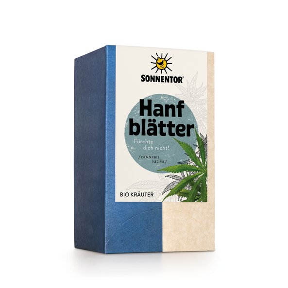 Foto einer Packung Hanfblätter Bio-Hanfblätter. Auf der Packung ist eine Abbildung von einem Hanfblatt.