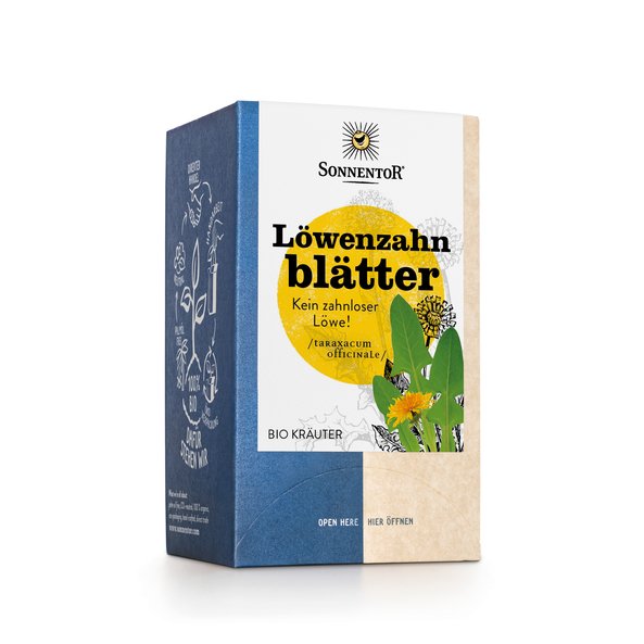 Photo of a pack Dandelion Leaves Organic Herbal Tea. On the package is a picture of dandelion leaves and a blooming dandelion head.
