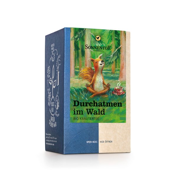 A picture of a pack Deep Breathing in the Forest tea. On the package is a squirrel sitting in the forest and meditating with a cup of tea.