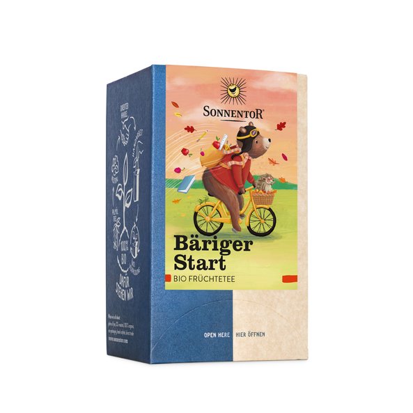 Photo of a pack beary burst tea. On it you can see a bear riding a bike in autumn.