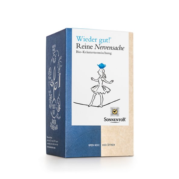 Photo of a pack Calm your Nerves Tea Organic Herbal Tea Blend. On the package is an Illustration in which a woman is balancing on a rope and carrying a blue teapot on her head.
