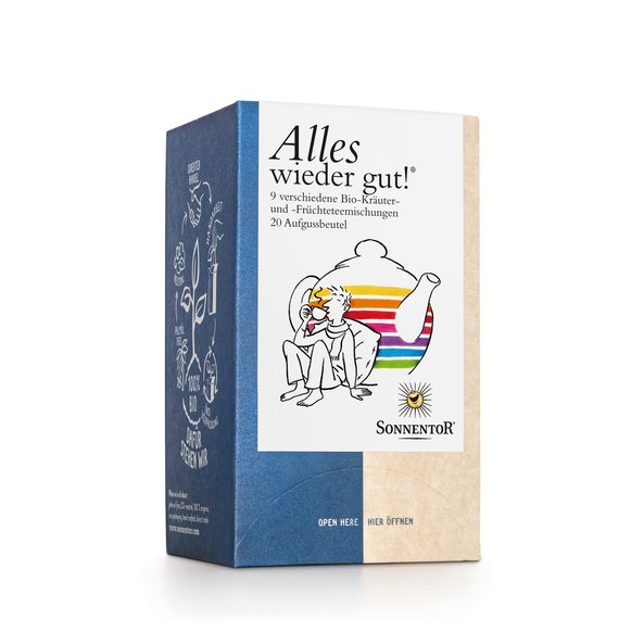 A photo of a pack Alles Wieder gut tea. On the package you can see a teapot with colorful stripes and a man sipping tea.