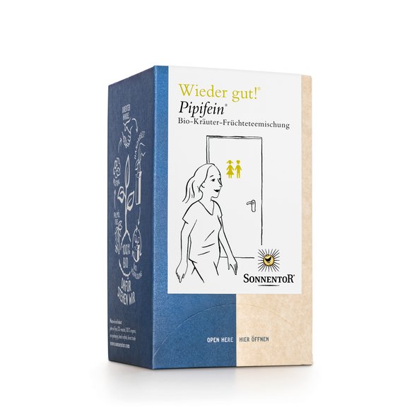 Foto einer Packung Pipifein Tee Bio-Kräuter-Früchteteemischung. Auf der Packung ist eine Abbildung von einer Frau, die in Richtung Toilette geht.