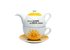 Foto vom Porzellan-Tea for One Set. Darauf zu sehen ist eine Teekanne mit Deckel und eine Teetasse mit Untertasse.