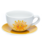 Foto von der Sonne Teetasse und Untertasse. Die weiße Tasse mit der gelben Sonne darauf steht auf einer gelben Untertasse.