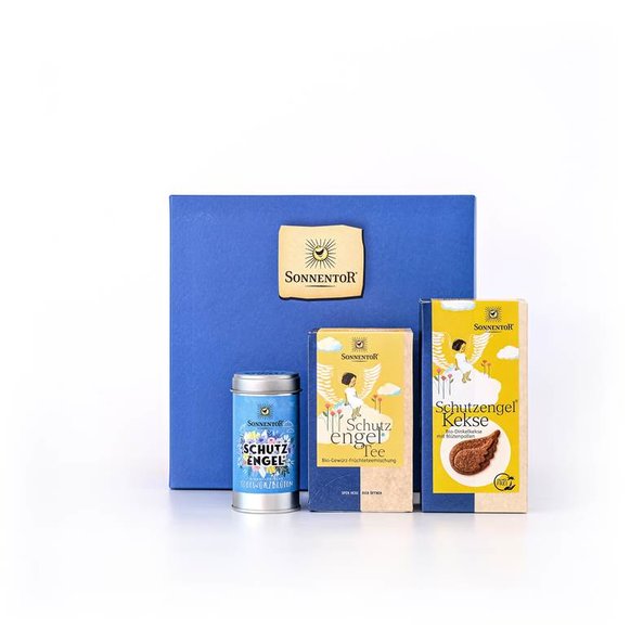 In the photo you can see a blue gift box. In front of it are various guardian angel products placed.