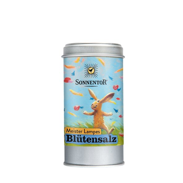 Photo of a spice tin Bunny Rabbit's Blossom Salt Organic Herbal Salt. On the spice tin is a picture of a rabbit with outstretched arms, on which flowers fall from the sky.
