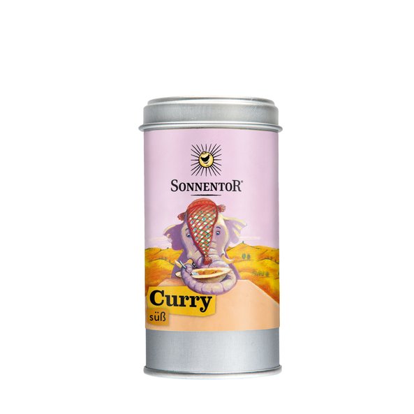Foto einer Streudose Curry süß Bio-Gewürzzubereitung. Auf der Streudose ist eine Abbildung von einem Elefant mit Kopfbedeckung, der gerade mit einem Löffel Curry isst.