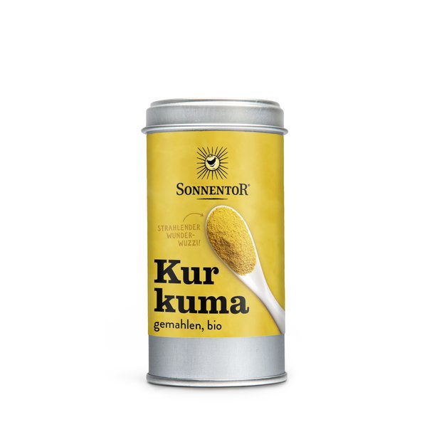Foto einer Streudose Kurkuma gemahlen Bio-Kurkuma. Auf der Streudose ist eine Abbildung von einem Löffel mit Kurkuma gemahlen.