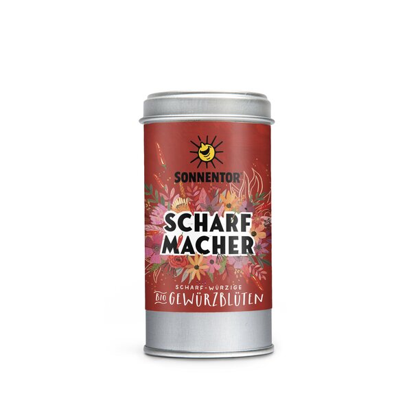 Foto einer Streudose Scharfmacher Gewürzblüten. Illustration mit buntem, blumigem Hintergrund in rot mit der Aufschrift Scharfmacher.