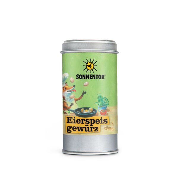 Foto einer Streudose Eierspeisgewürz Bio-Gewürzzubereitung. Auf der Streudose ist eine Abbildung von einem Fuchs mit Kochhaube, der mit Eiern jongliert und dabei in einer Pfanne ein Spiegelei kocht.