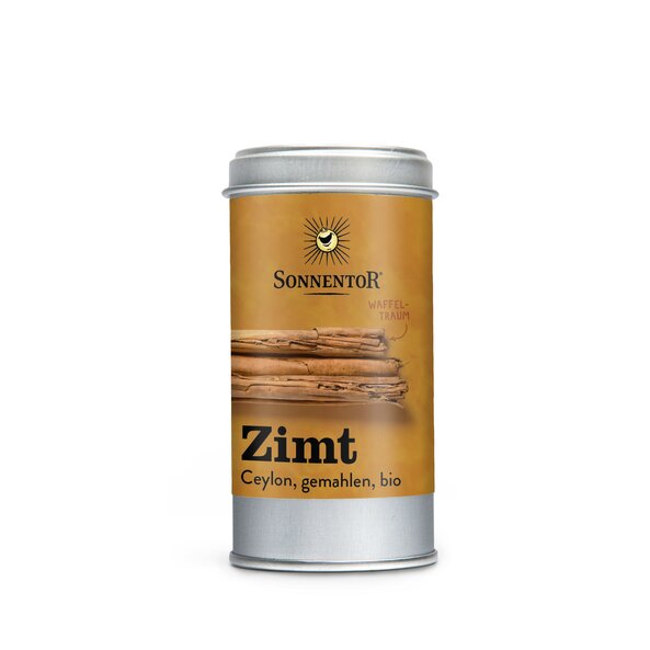 Foto einer Streudose Zimt Ceylon gemahlen. Auf der Streudose ist eine Abbildung von drei Zimtstangen.