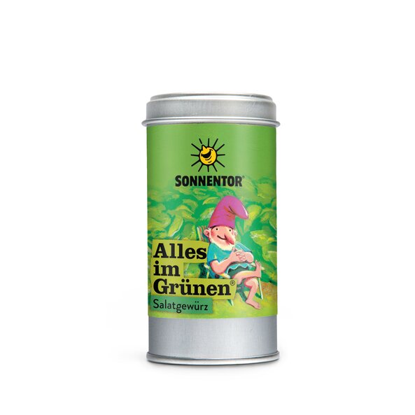Foto einer Streudose Alles im Grünen Salatgewürz Bio-Gewürz-Blütenmischung. Auf der Streudose ist eine Illustration, auf der ein Zwerg in einem Gartenstuhl sitzt.