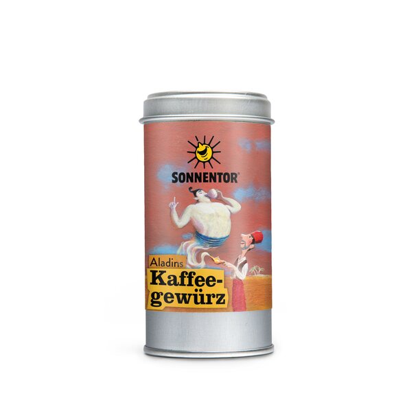 Photo of a spice tin Aladdin's coffee spice. On the tin is genie drinking tea depicted .