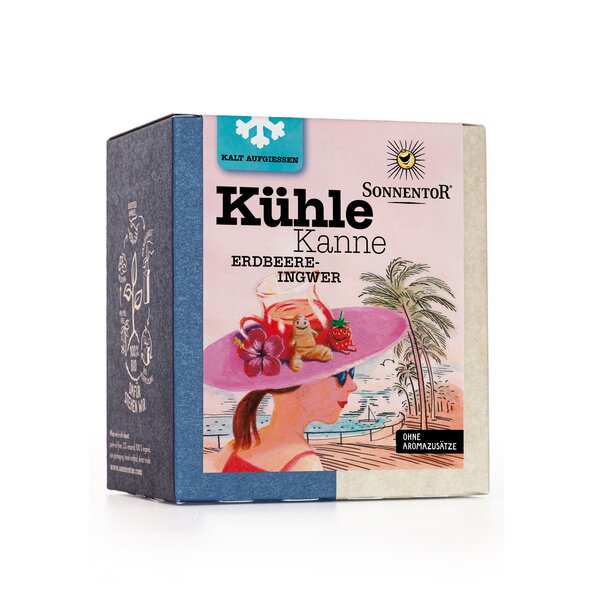 Photo of a pack Chilled Tea. On the package there is a woman by the sea with a pink hat. On the hat are a pot of tea, a strawberry and ginger.