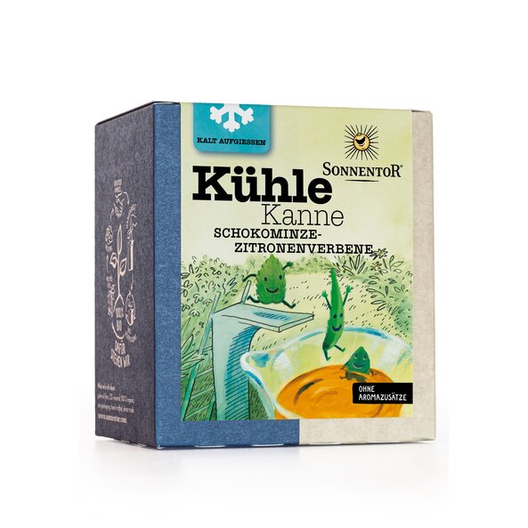 Photo of a pack Chilled Tea. On the package you can see herbs jumping from a springboard into a teapot.
