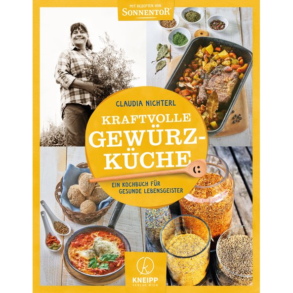 You can see the cover of the book Kraftvolle Gewürz-Küche. On it is depicted a farmer and delicious dishes.