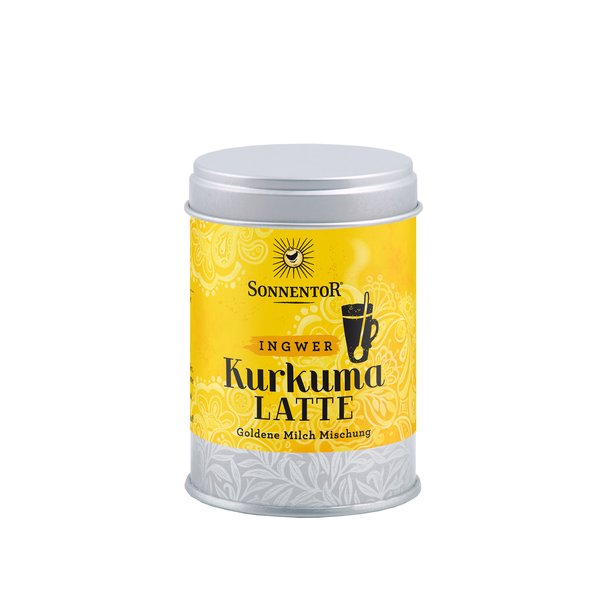 Foto einer Dose Kurkuma Latte Ingwer. Auf der Dose ist ein gelbes Etikett.
