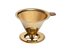 A funnel shaped stainless steel coffee filter in gold.