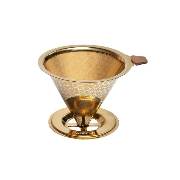 A funnel shaped stainless steel coffee filter in gold.