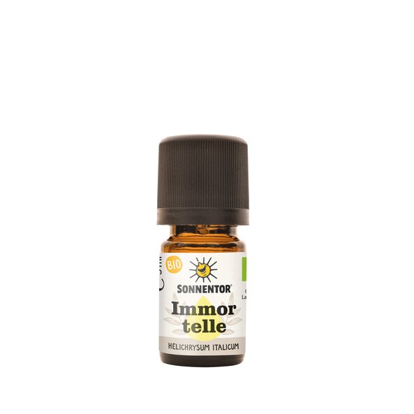 Es ist ein Fläschchen mit einem hellgelben Tropfen zu sehen, auf dem Immortelle steht.