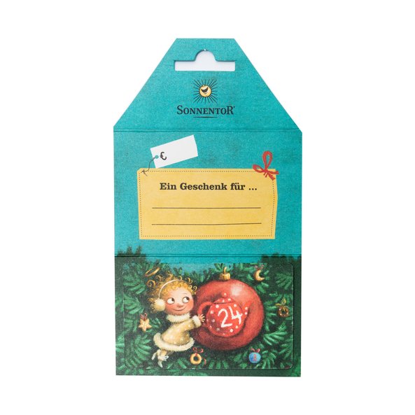Shown is a christmas gift card with an angel and a christmas tree ball. In the background is the gift card packaging.