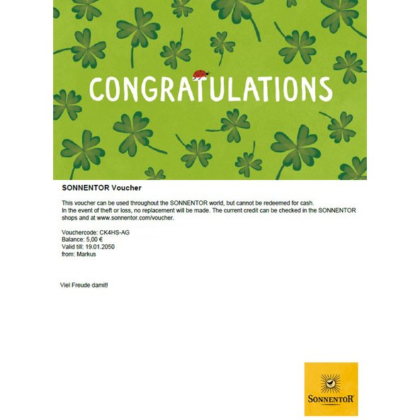 A voucher in A4 format. In the upper part it is green with shamrocks. In the lower part is a short explanation.