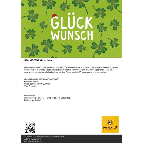 A voucher in A4 format. In the upper part it is green with shamrocks. In the lower part is a short explanation.