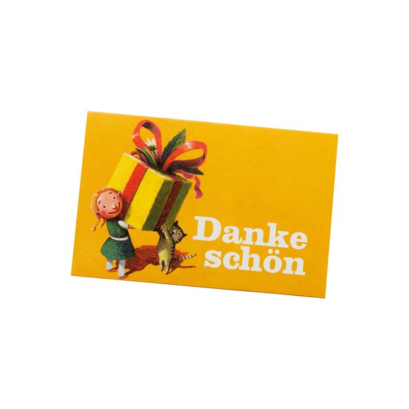 Pictured is a gift card. On the left side is a graphic of a girl carrying a gift. On the left it says thank you.
