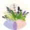 An illustration featuring various green and purple herbs against a white and purple background.