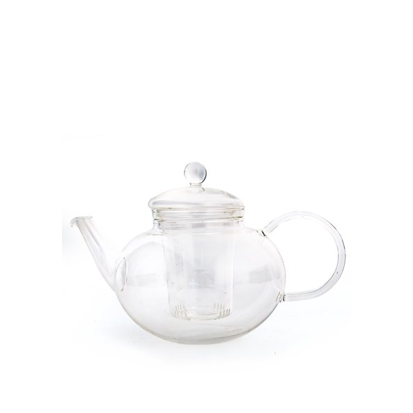 The photo shows a teapot made of glass with lid and glass filter.