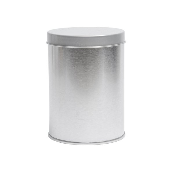 Pictured is a small round tea can.