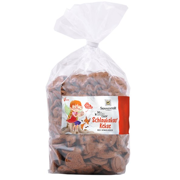 Photo of a transparent pack Chocolicious Cookies. On the package you can see a child riding an elephant. Through the package you can see the cookies.