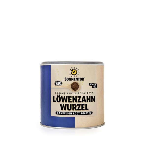 Löwenzahnwurzel Kaffee 220g in blau, beiger Gastrodose.