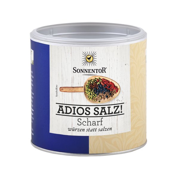 A picture of a small jumbo spice tin Adios salt spicy. On the tin you can see a wooden spoon with many spices.