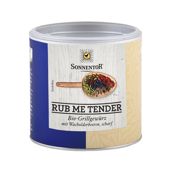 Photo of a small jumbo spice tin Rub me Tender BBQ Spice. On the tin you can see a wooden spoon with colorful spices.