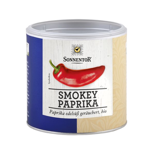 Foto einer kleinen Gastrodose Smokey Paprika. Auf der Dose ist eine Paprikaschote zu sehen.