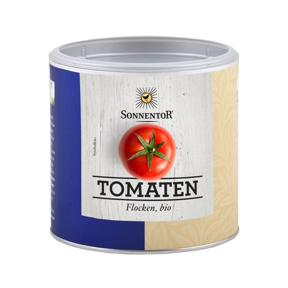 Foto einer kleinen Gastrodose Tomaten Flocken. Auf de Dose ist eine Tomate zu sehen.