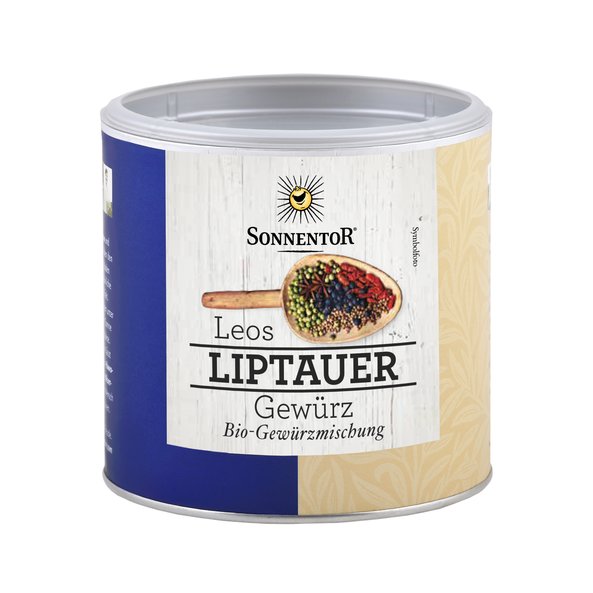 Photo of a small jumbo spice tin Leos Liptauer spice. On the tin is a wooden spoon with colorful spices on it.