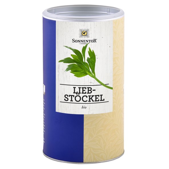 A photo of a bi jumbo spice tin of lovage cut. On the can is the lovage shown.