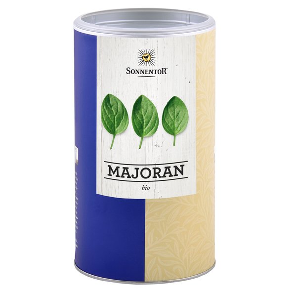 A photo of a big jumbo spice tin of marjoram cut. On the tin you can see three marjoram leaves.