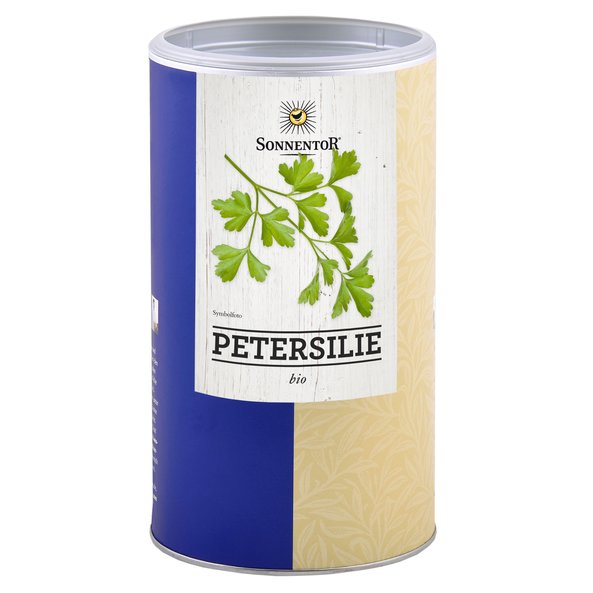 The photo shows a big jumbo spice tin of parsley cut. On the can is fresh parsley depicted.