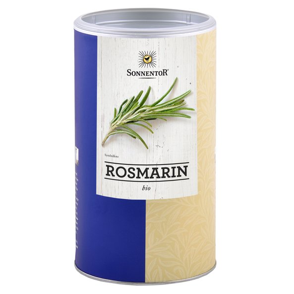 Photo of a big jumbo spice tin of rosemary cut. On the tin you can see fresh rosemary.